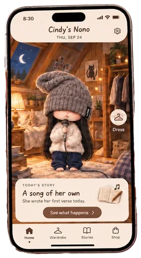 A phone showing Nono in an attic room