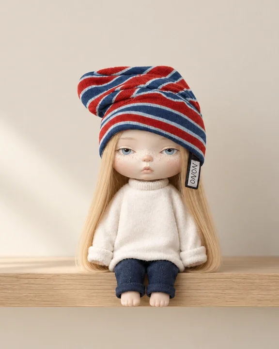 The Nono doll sitting on a wooden shelf