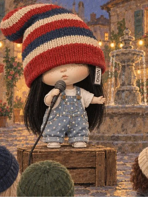 Nono singing on a crate in the town square at night while a few Nonos watch